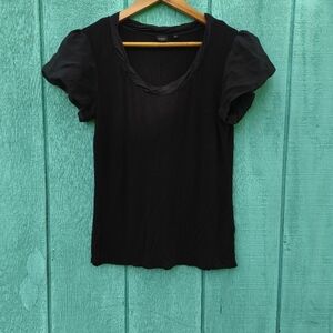 Black Saks Fifth Avenue Silk Accent Puff Sleeve Tee sz M Black Quiet Luxury Chic